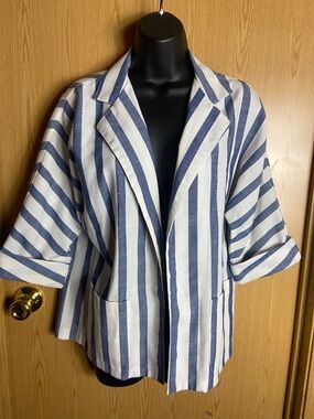Women's Open Front Blue & White Striped Blazer Jacket
